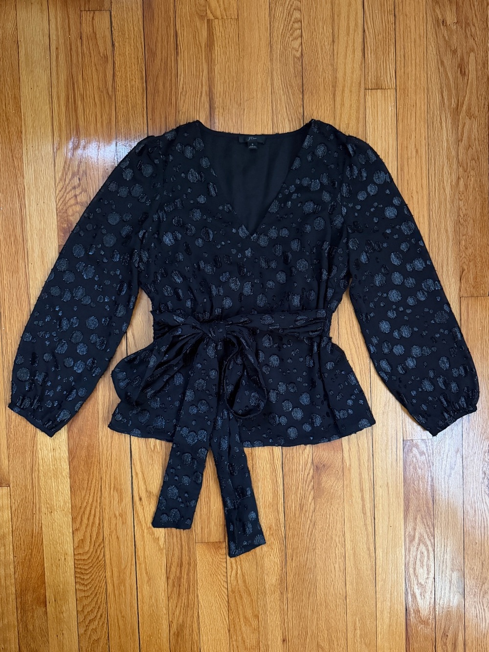 J. Crew Black Wrap Blouse with Textured Dot Pattern